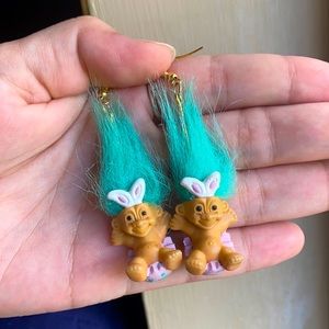 Vintage Troll doll Easter bunny earrings